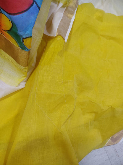 Yellow Hand Painted Pure Kerala Cotton Saree