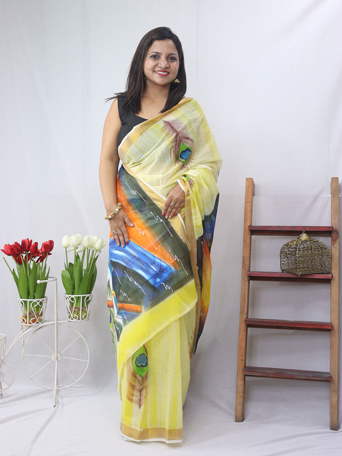Yellow Kerala Cotton Saree - Hand Painted and Pure - Luxurion World