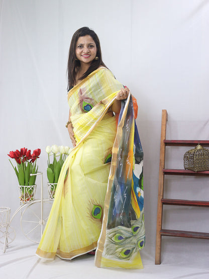 Yellow Kerala Cotton Saree - Hand Painted and Pure - Luxurion World