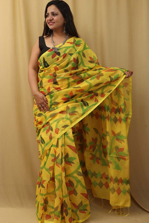 Yellow Jamdani Tussar Silk Saree: Elegant & Stylish - Luxurion World