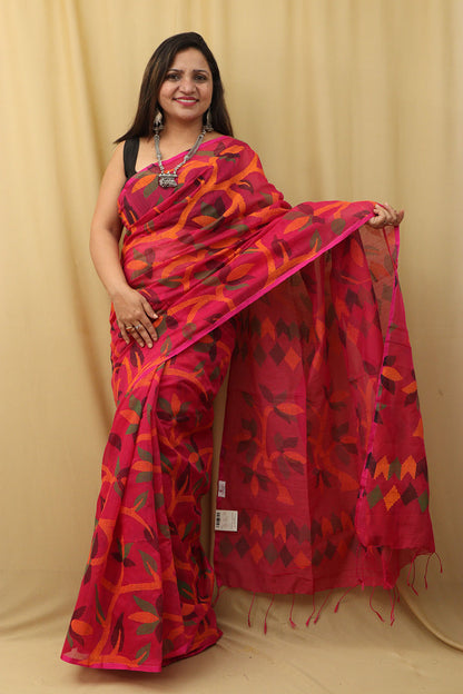 Stunning Pink Jamdani Print Tussar Silk Saree - Luxurion World