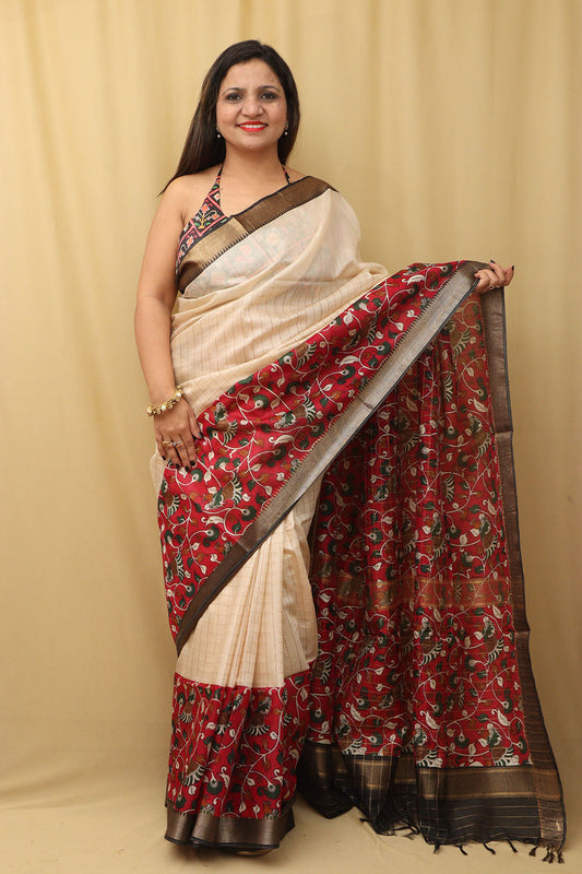 Cream And Red Kalamkari Digital Printed Cotton Silk Saree