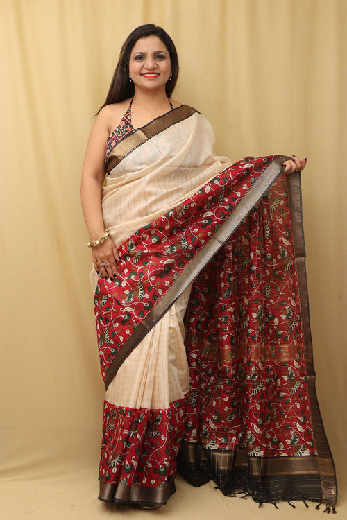Cream And Red Kalamkari Digital Printed Cotton Silk Saree - Luxurion World