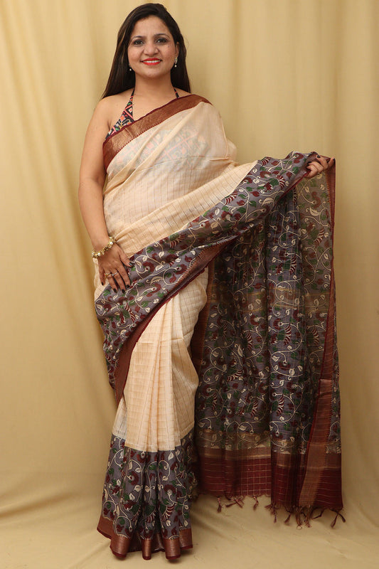 Elegant Cream And Purple Kalamkari Cotton Silk Saree - Luxurion World