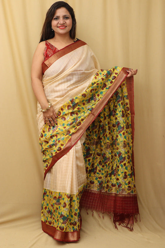 Stunning Cream And Yellow Kalamkari Cotton Silk Saree - Limited Edition - Luxurion World