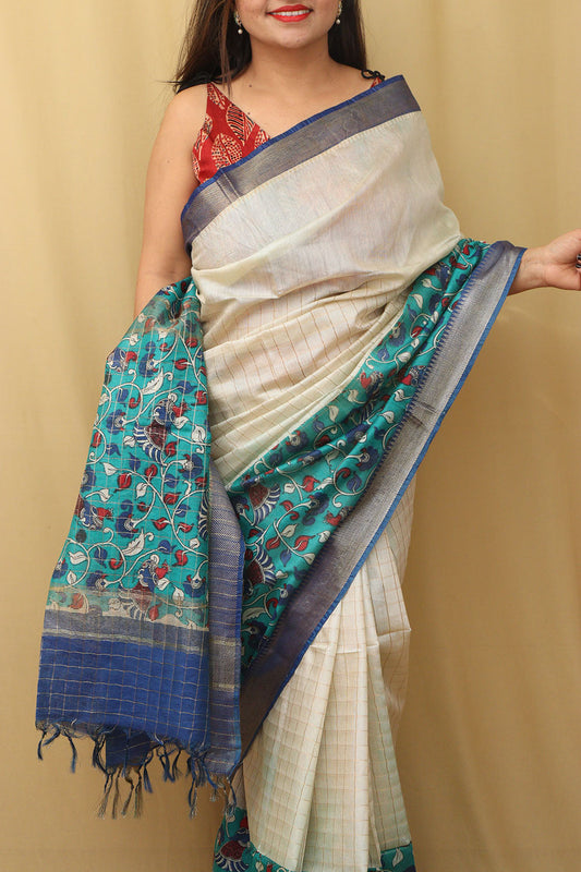 Elegant Cream And Blue Kalamkari Cotton Silk Saree