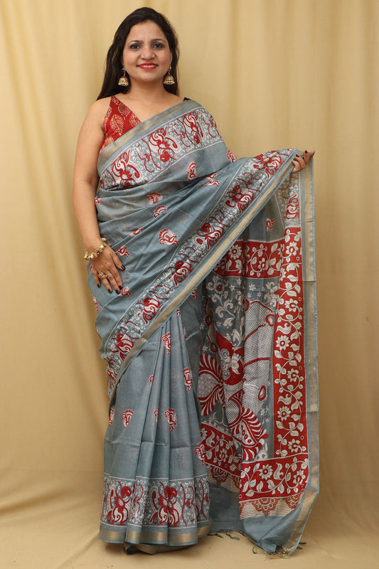 Elegant Grey Kalamkari Cotton  Silk Saree