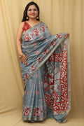 Elegant Grey Kalamkari Cotton  Silk Saree - Luxurion World