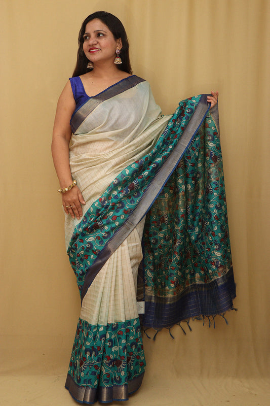 Blue Kalamkari Cotton Silk Saree: Elegant Digital Print