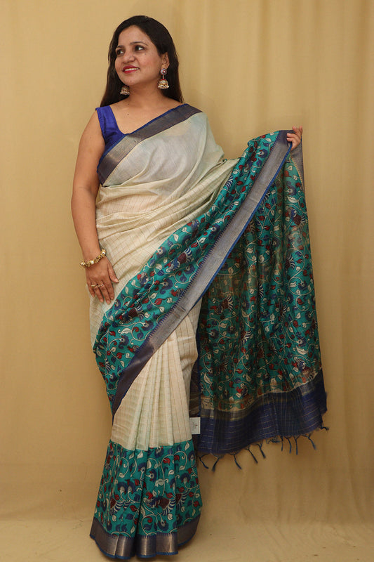 Blue Kalamkari Cotton Silk Saree: Elegant Digital Print - Luxurion World