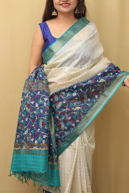 Blue Kalamkari Digital Printed Silk Saree - Luxurion World