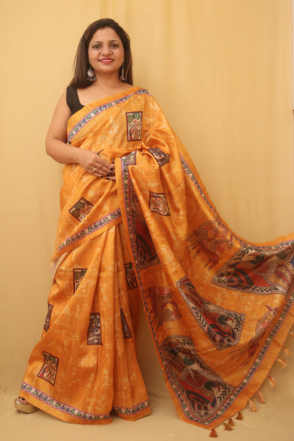 Yellow Kalamkari Print Semi Tussar Silk Saree - Luxurion World