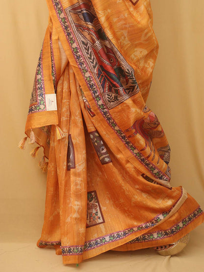 Yellow Kalamkari Print Semi Tussar Silk Saree - Luxurion World
