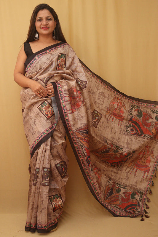 Pastel Kalamkari Print Semi Tussar Silk Saree - Luxurion World
