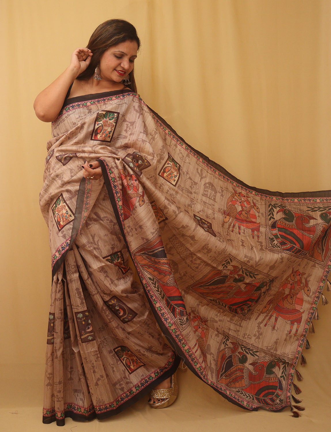 Pastel Kalamkari Print Semi Tussar Silk Saree - Luxurion World