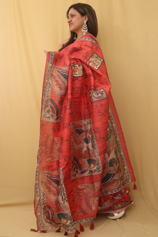 Red Kalamkari Print Semi Tussar Silk Saree - Luxurion World