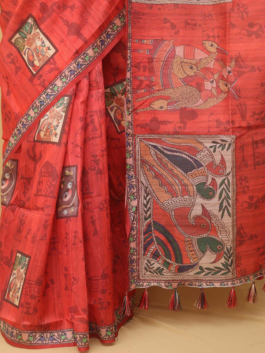 Red Kalamkari Print Semi Tussar Silk Saree - Luxurion World