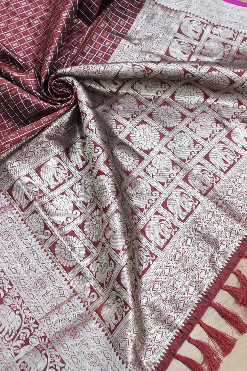 Elegant Maroon Kanjeevaram Silk Checks Saree: Timeless Beauty - Luxurion World