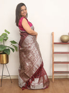 Elegant Maroon Kanjeevaram Silk Checks Saree: Timeless Beauty - Luxurion World