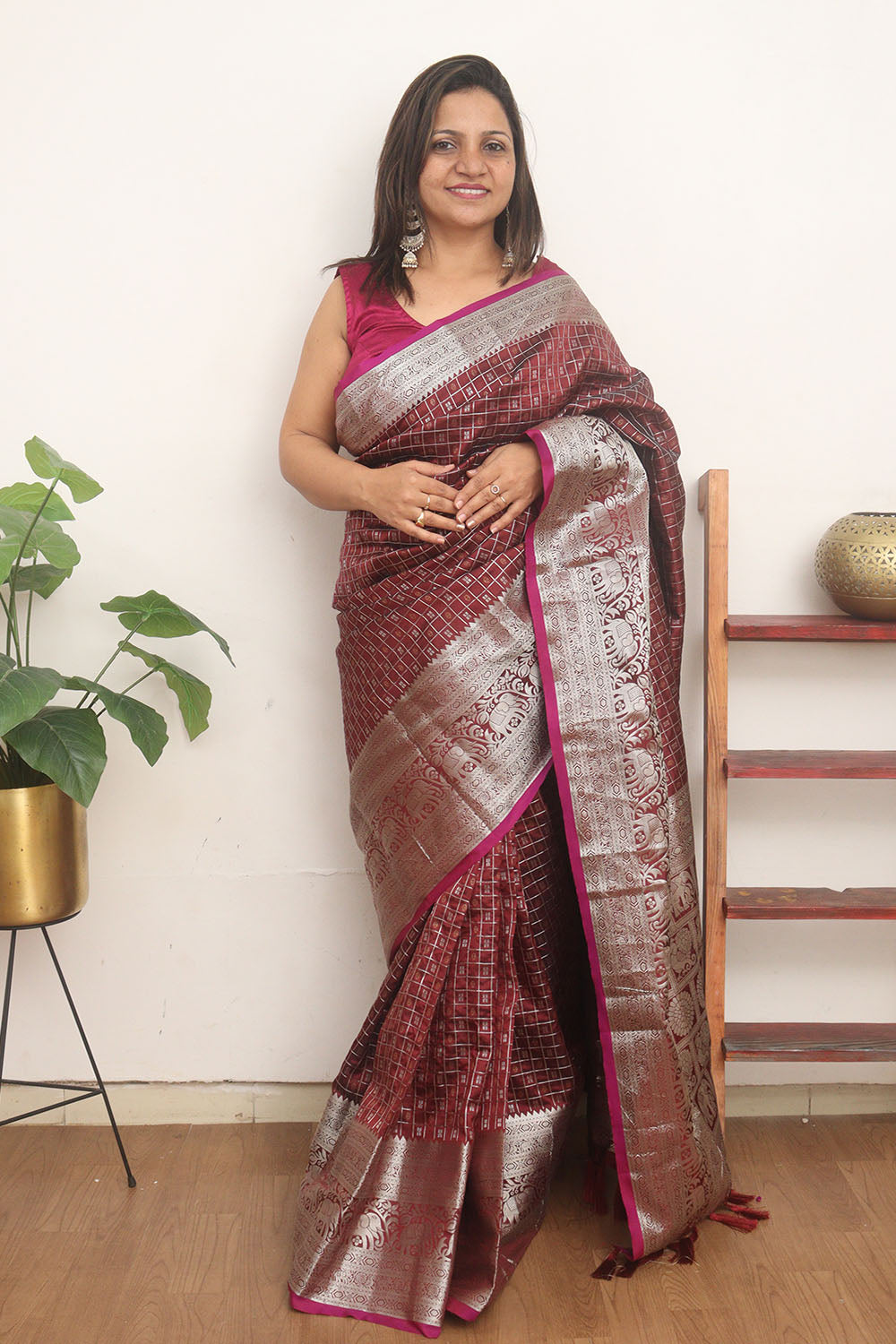 Maroon Kanjeevaram Silk Checks Design Saree