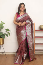 Elegant Maroon Kanjeevaram Silk Checks Saree: Timeless Beauty - Luxurion World