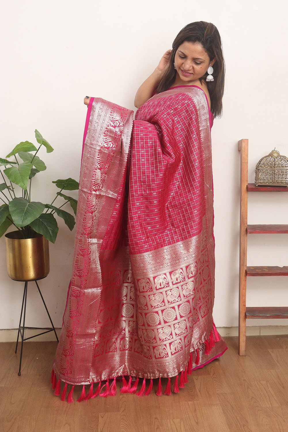 Pink Kanjeevaram Silk Checks Design Saree