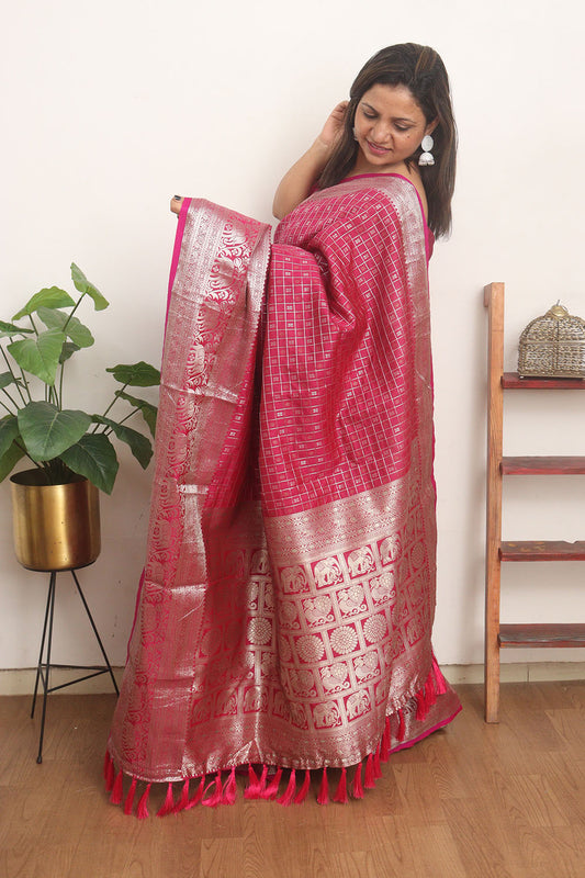 Stunning Pink Kanjeevaram Silk Checks Saree: Traditional Elegance - Luxurion World
