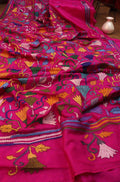 Pink Hand Embroidered Kantha Pure Bangalore Silk Saree - Luxurion World
