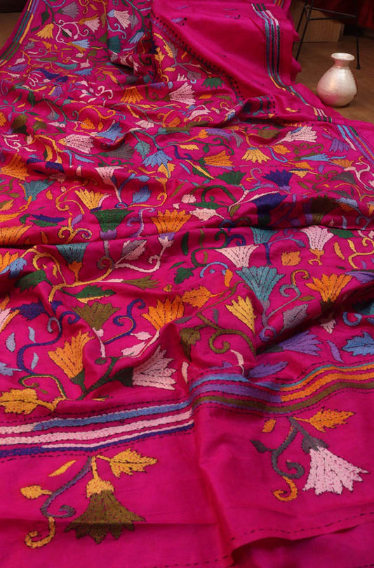Pink Hand Embroidered Kantha Pure Bangalore Silk Saree - Luxurion World