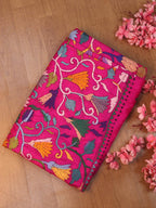 Pink Hand Embroidered Kantha Pure Bangalore Silk Saree - Luxurion World
