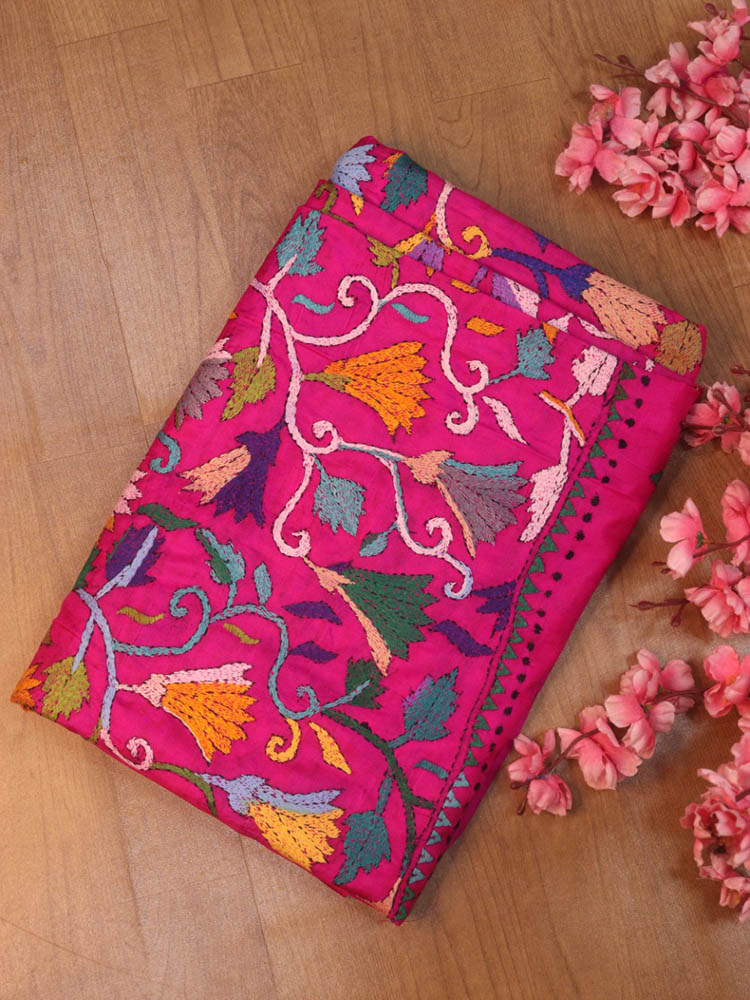 Pink Hand Embroidered Kantha Pure Bangalore Silk Saree - Luxurion World
