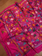 Pink Hand Embroidered Kantha Pure Bangalore Silk Saree - Luxurion World