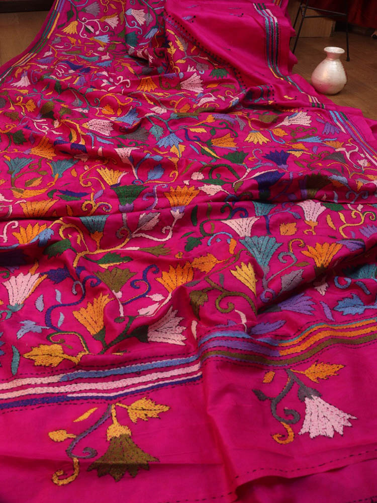 Pink Hand Embroidered Kantha Pure Bangalore Silk Saree - Luxurion World