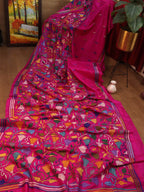 Pink Hand Embroidered Kantha Pure Bangalore Silk Saree - Luxurion World