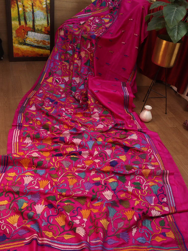 Pink Hand Embroidered Kantha Pure Bangalore Silk Saree - Luxurion World