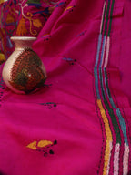 Pink Hand Embroidered Kantha Pure Bangalore Silk Saree - Luxurion World