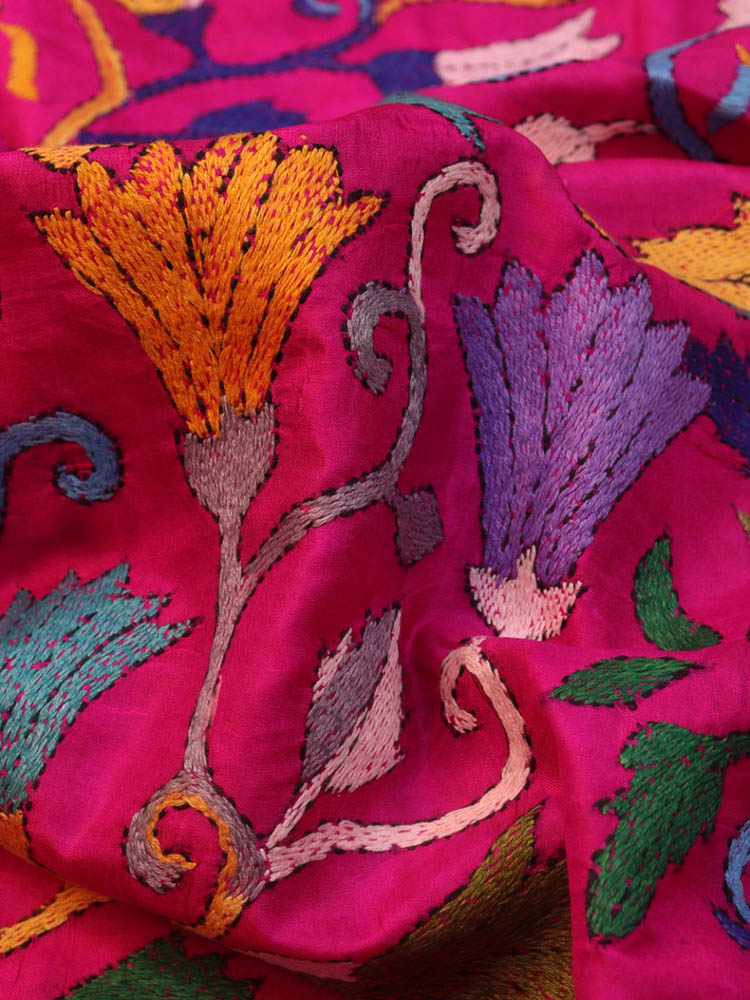 Pink Hand Embroidered Kantha Pure Bangalore Silk Saree - Luxurion World