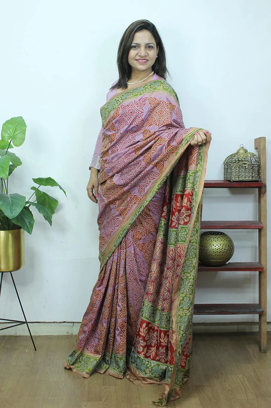Purple Hand Painted And Kantha Embroidered Pure Bangalore Silk Saree - Luxurion World