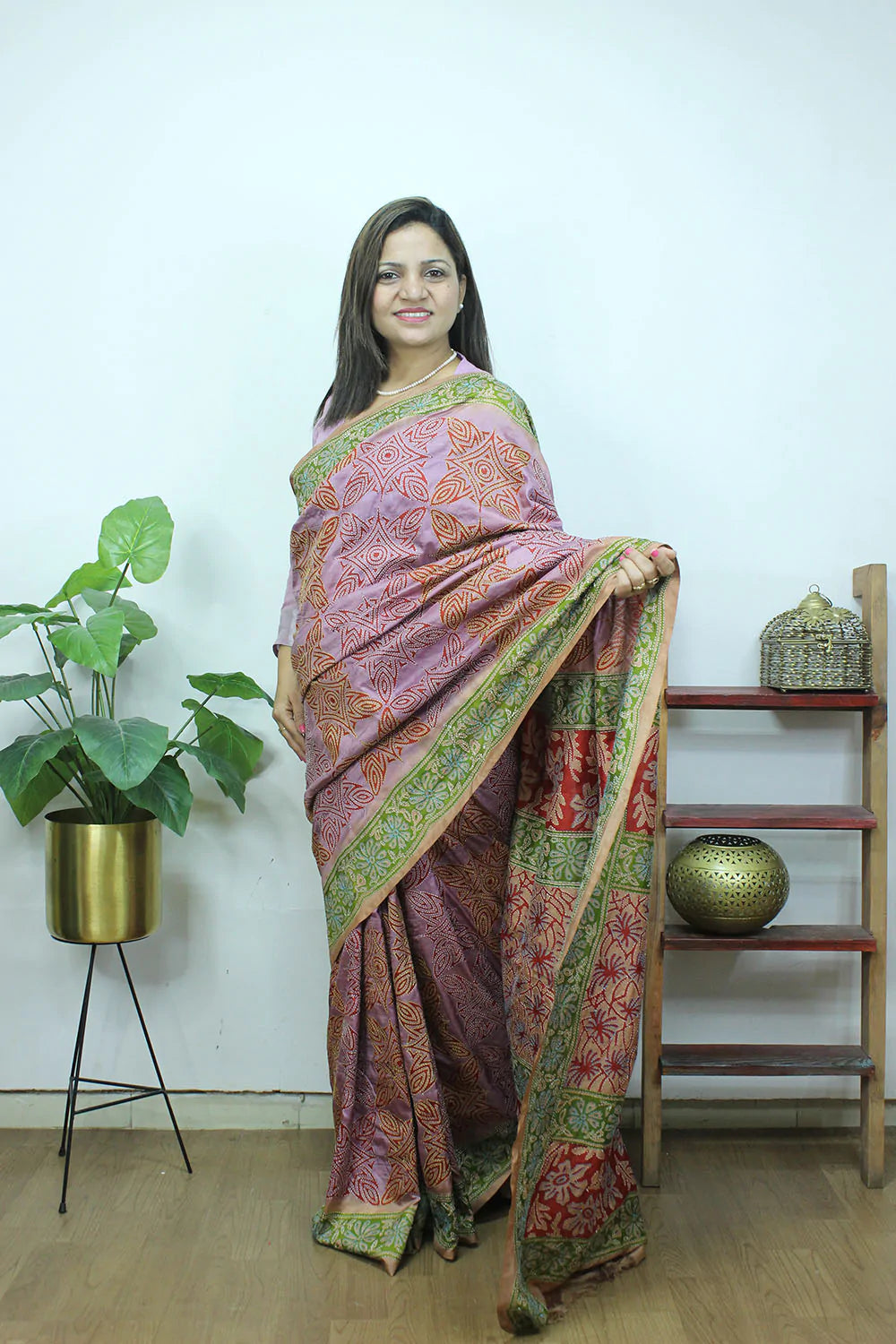 Purple Hand Painted And Kantha Embroidered Pure Bangalore Silk Saree - Luxurion World