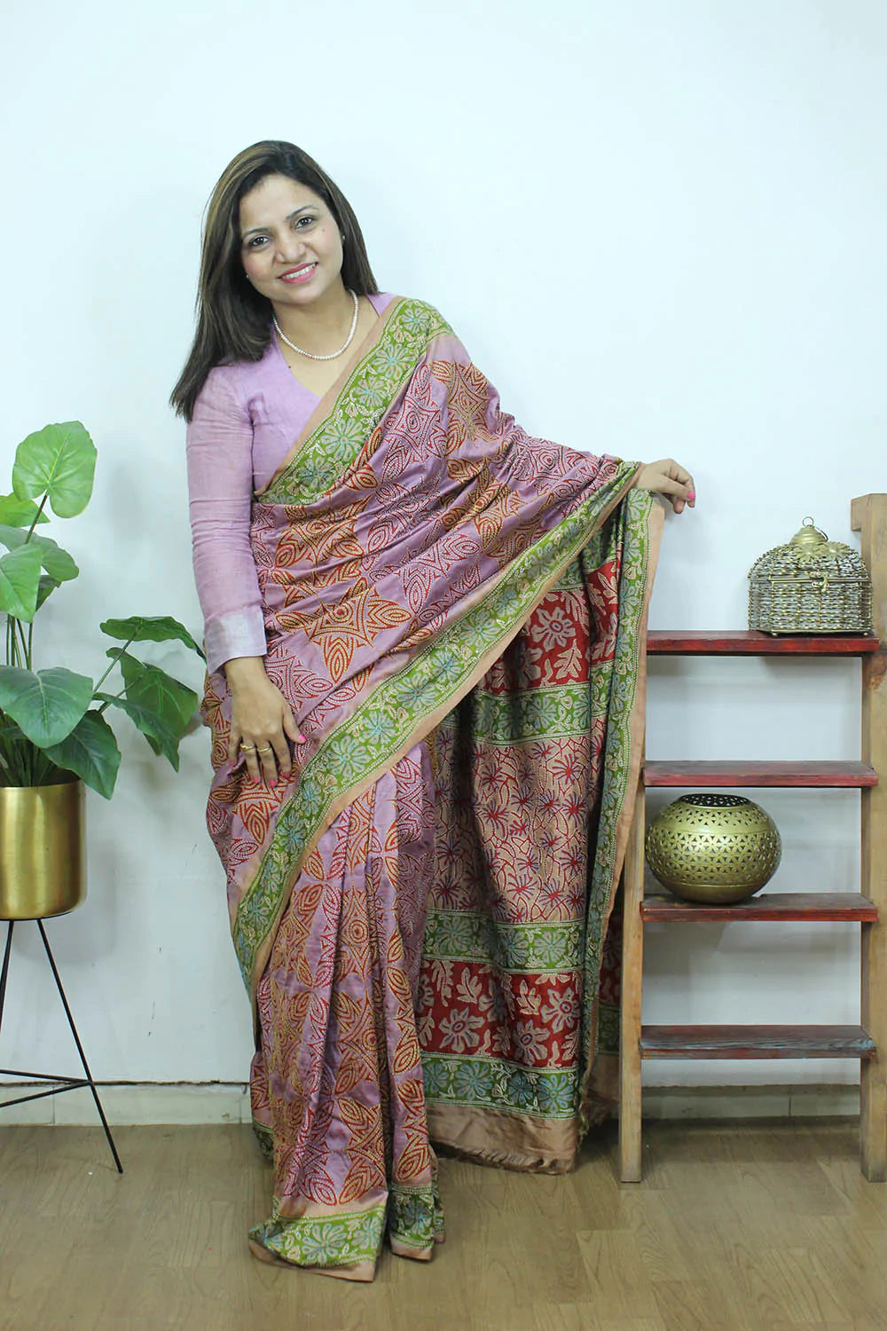 Purple Hand Painted And Kantha Embroidered Pure Bangalore Silk Saree - Luxurion World