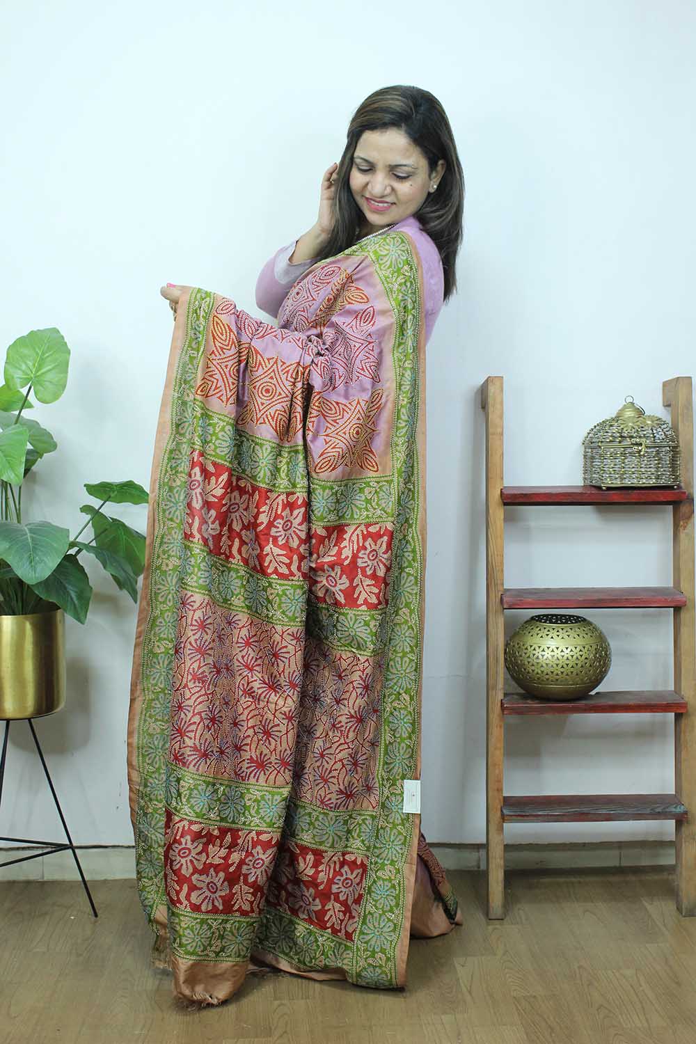 Purple Hand Painted And Kantha Embroidered Pure Bangalore Silk Saree - Luxurion World