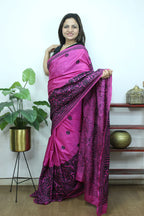 Pink Hand Embroidered Kantha Pure Bangalore Silk Saree - Luxurion World