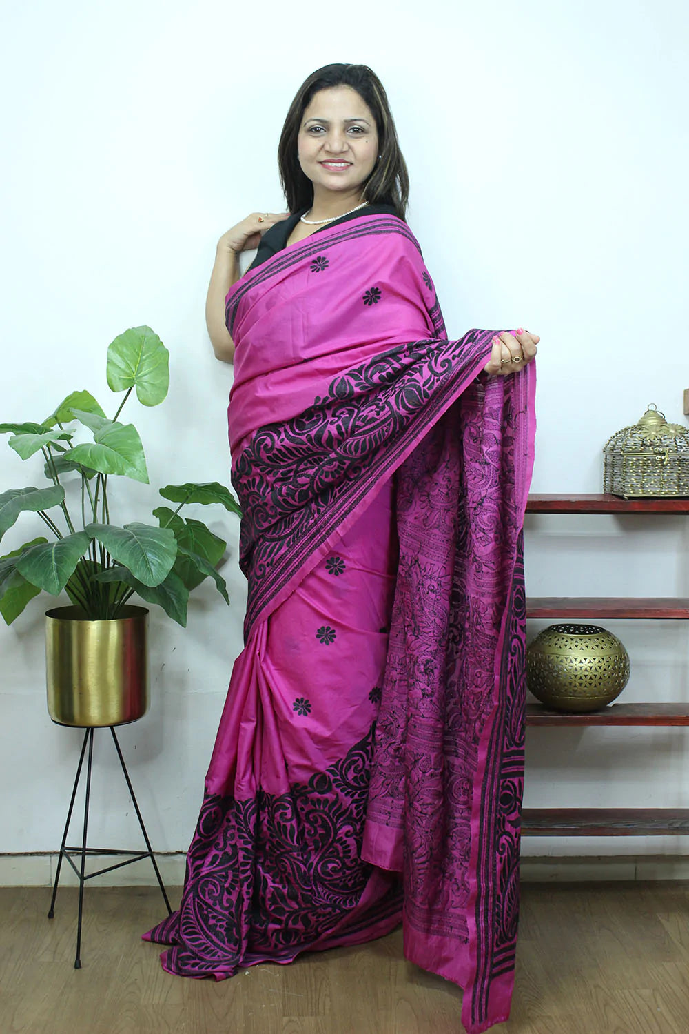 Pink Hand Embroidered Kantha Pure Bangalore Silk Saree - Luxurion World