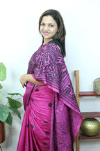 Pink Hand Embroidered Kantha Pure Bangalore Silk Saree - Luxurion World