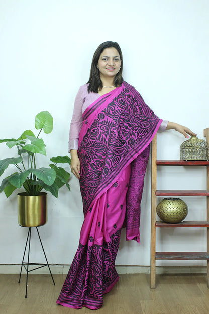 Pink Hand Embroidered Kantha Pure Bangalore Silk Saree - Luxurion World