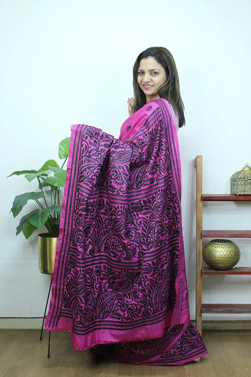 Pink Hand Embroidered Kantha Pure Bangalore Silk Saree - Luxurion World