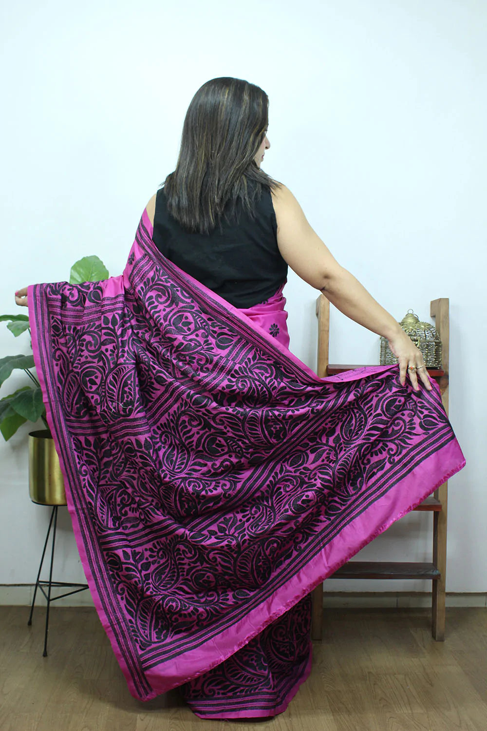 Pink Hand Embroidered Kantha Pure Bangalore Silk Saree - Luxurion World