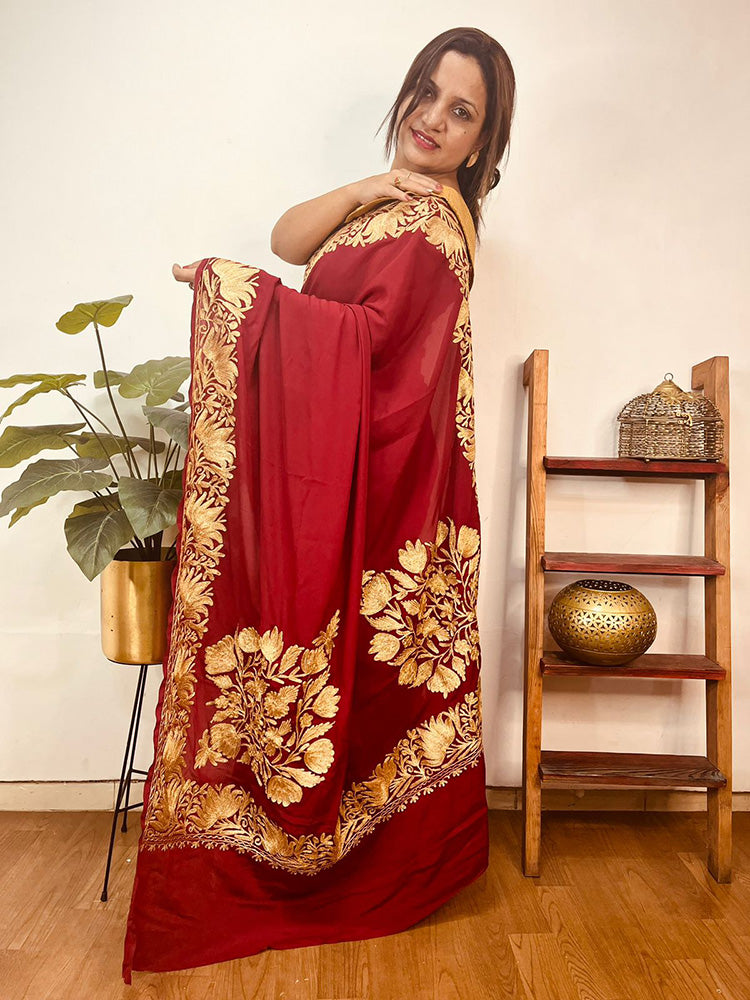 Red Embroidered Kashmiri Tilla Work Crepe Floral Design Saree - Luxurion World