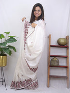 Off White Embroidered Sozni Work Kashmiri Silk Saree - Luxurion World