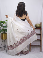 Off White Embroidered Sozni Work Kashmiri Silk Saree - Luxurion World